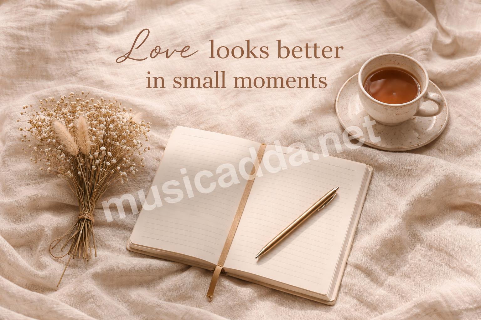 Romantic aesthetic caption flat lay candles flowers