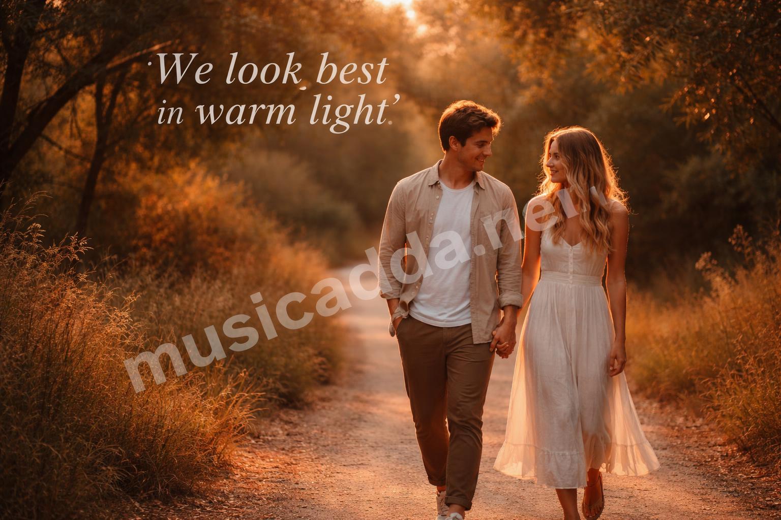 Romantic golden hour couple walk