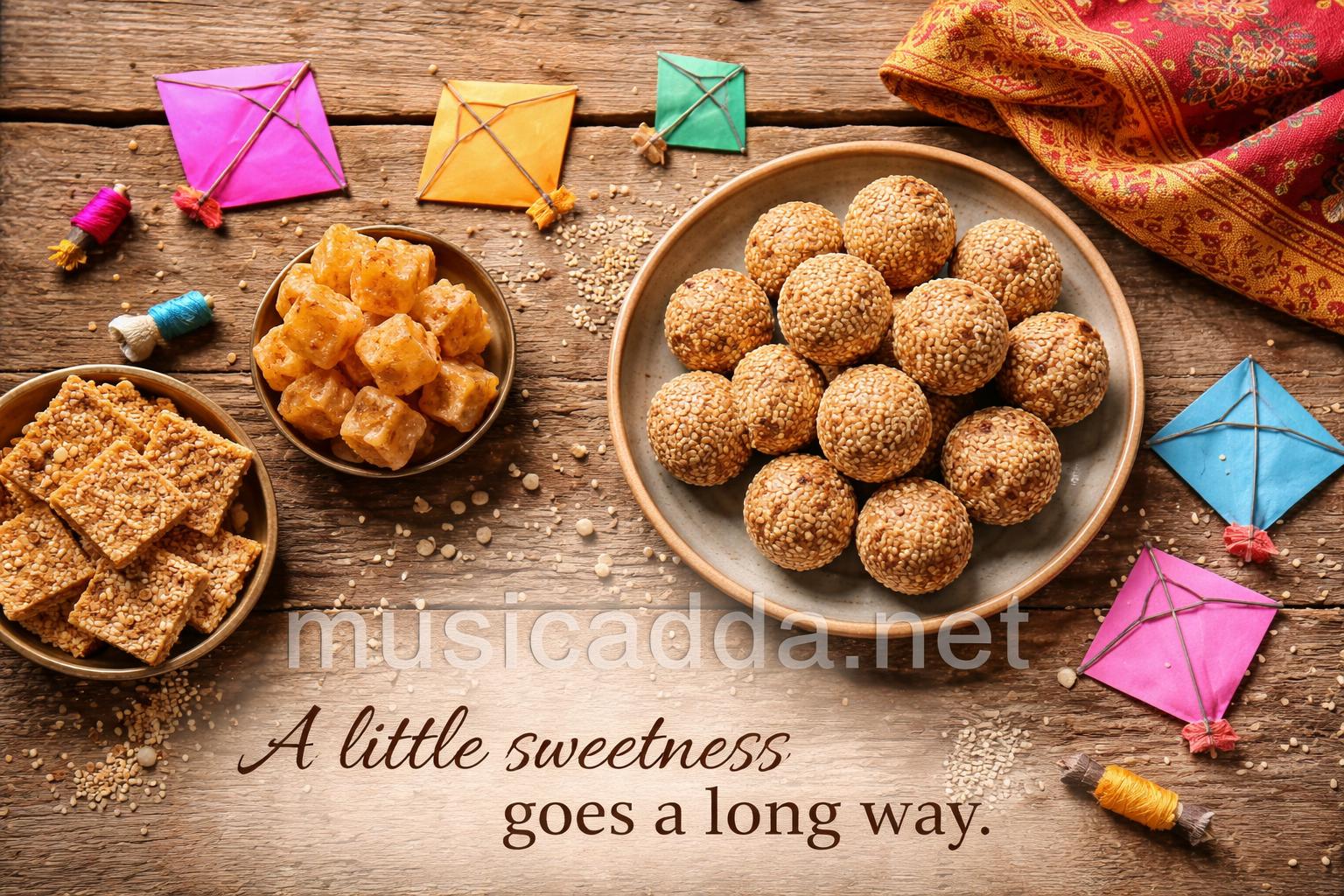 Sankranti sweets and kite flat lay