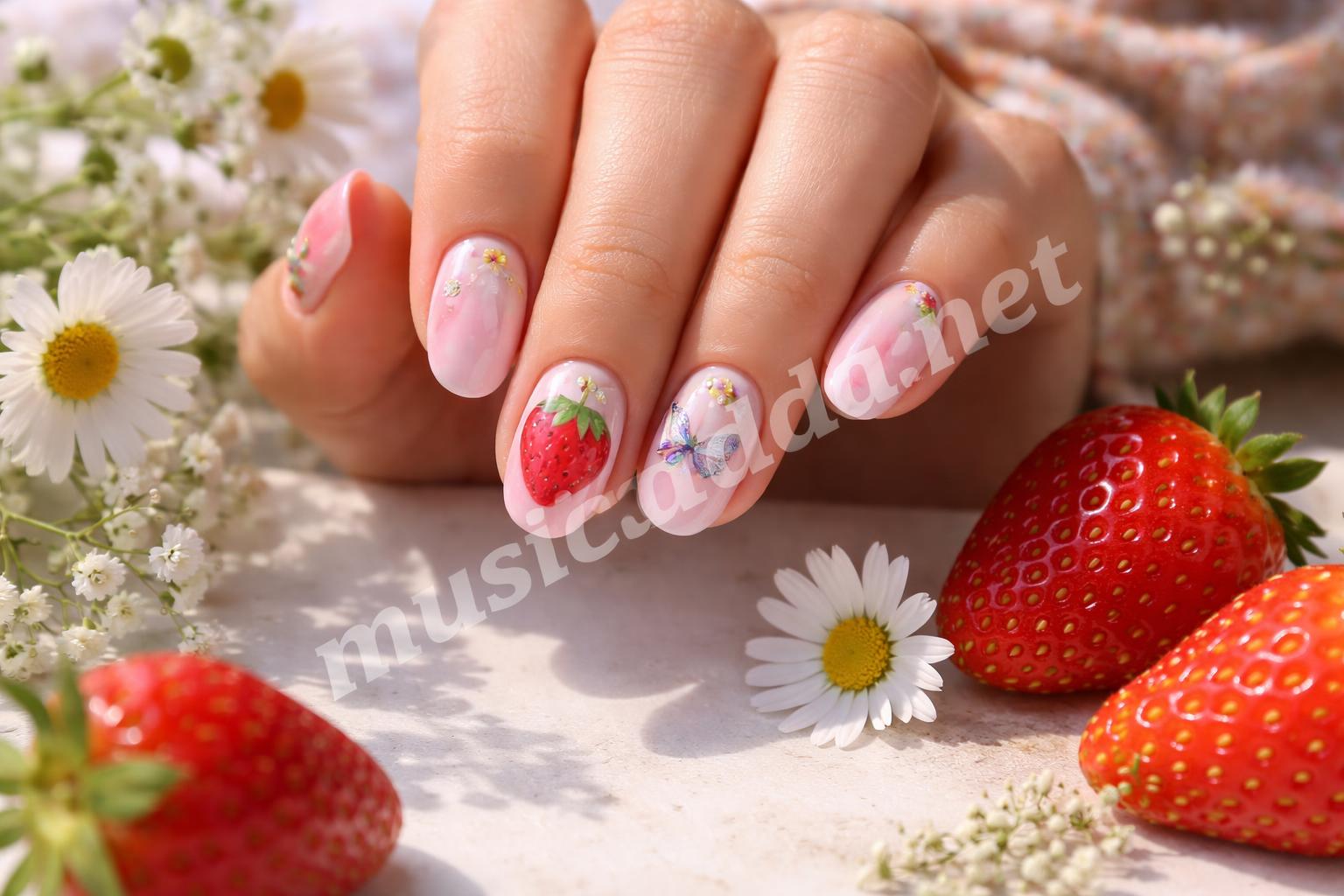Seasonal teen nails with fruit and butterflies