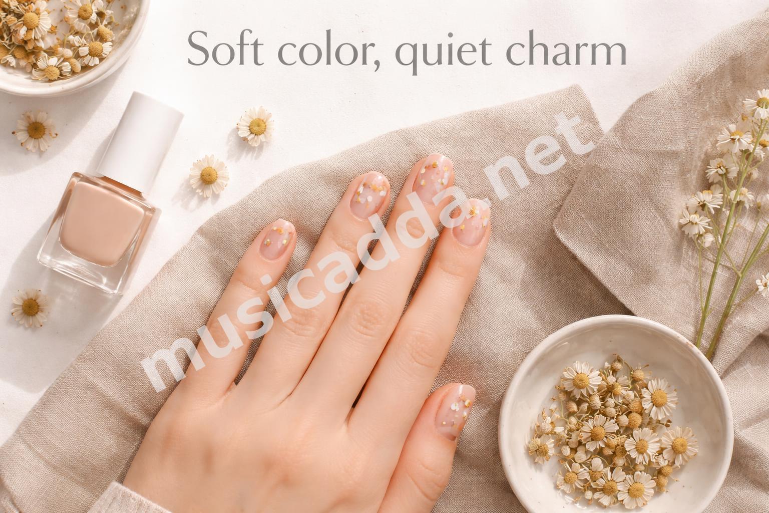 Sheer nude yellow flower nail art