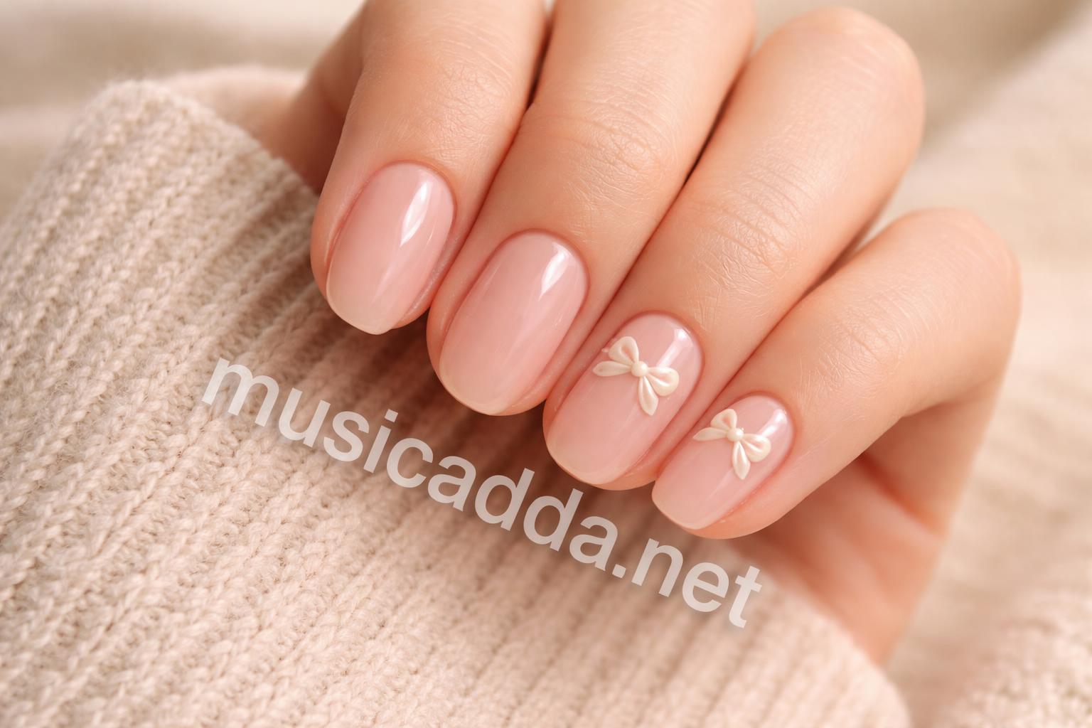 Sheer pink bow accent back to school nails