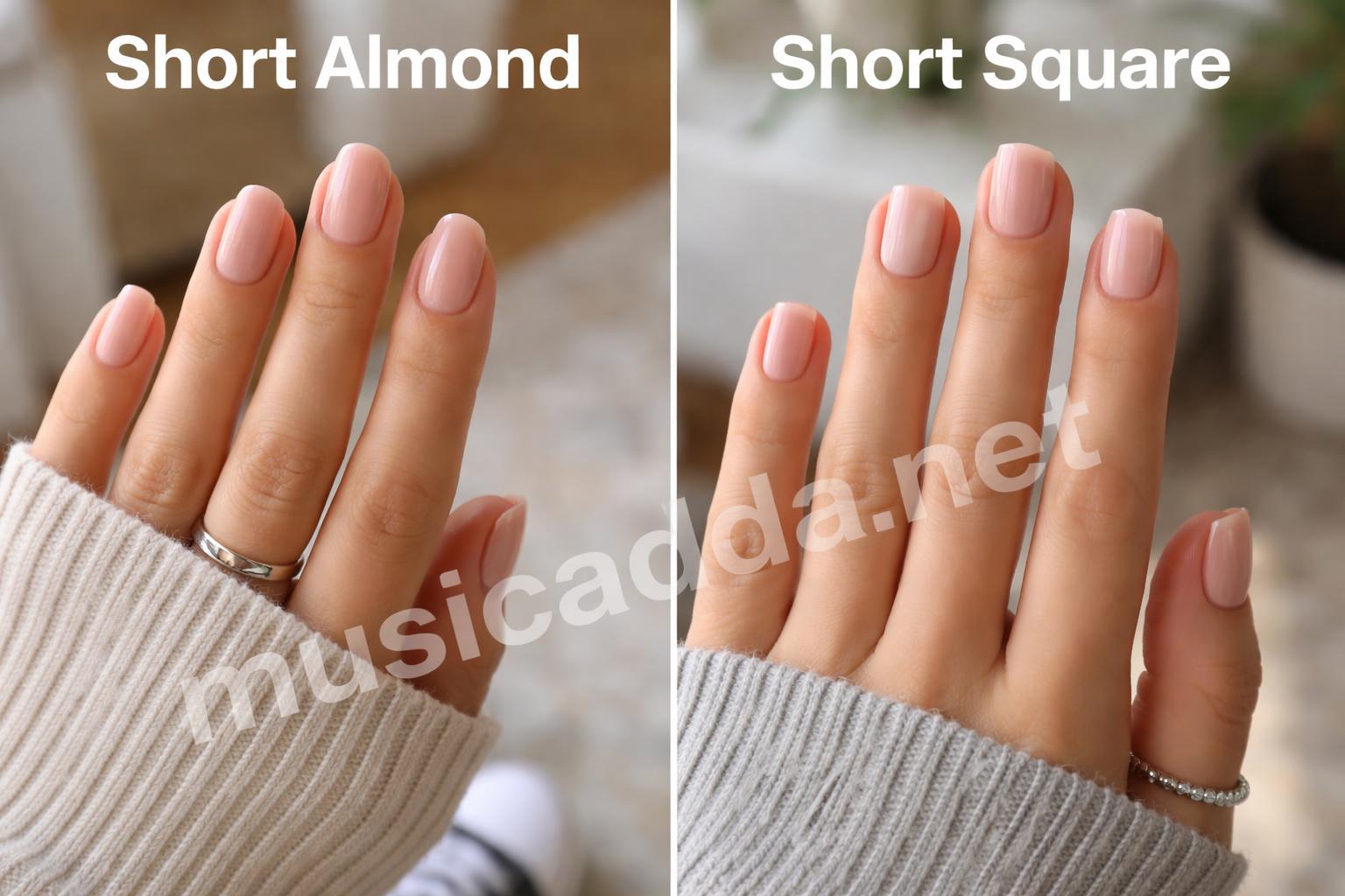 Short almond and square school nail shapes