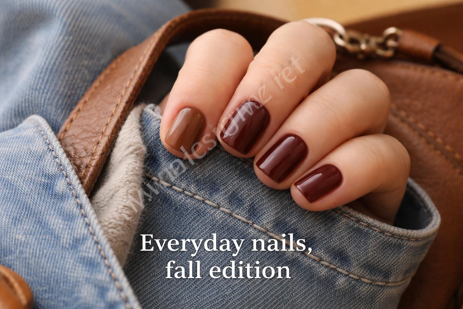 Short square brown and burgundy everyday nails