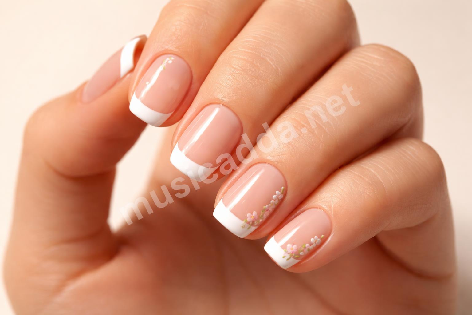 Short square floral french tip nails
