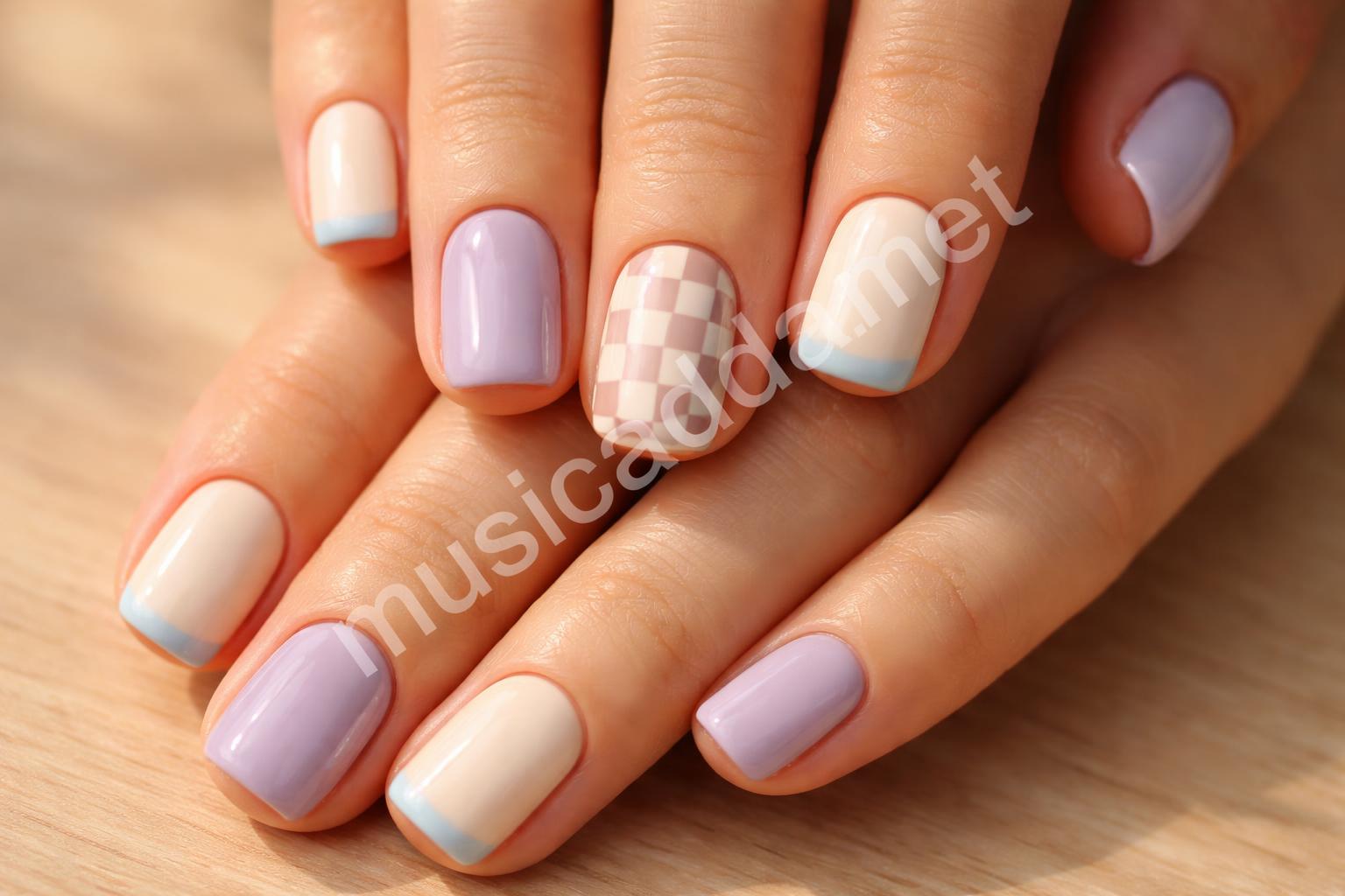 Short square pastel checkerboard nails