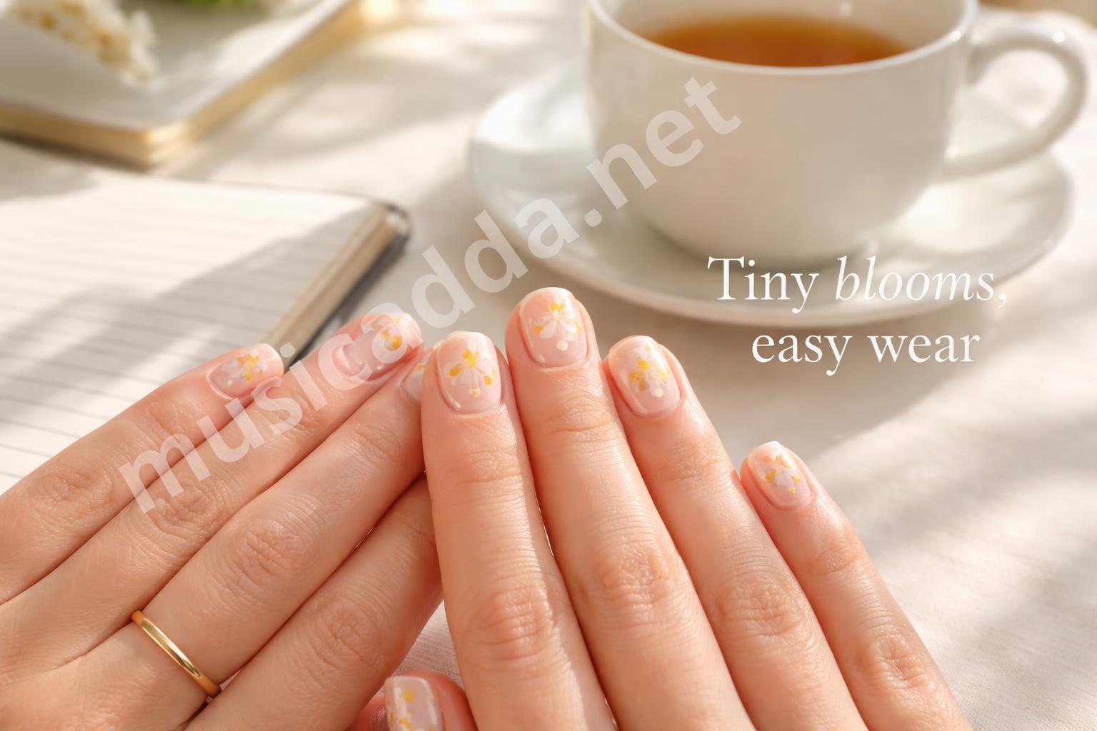 Short square yellow blooms nail design