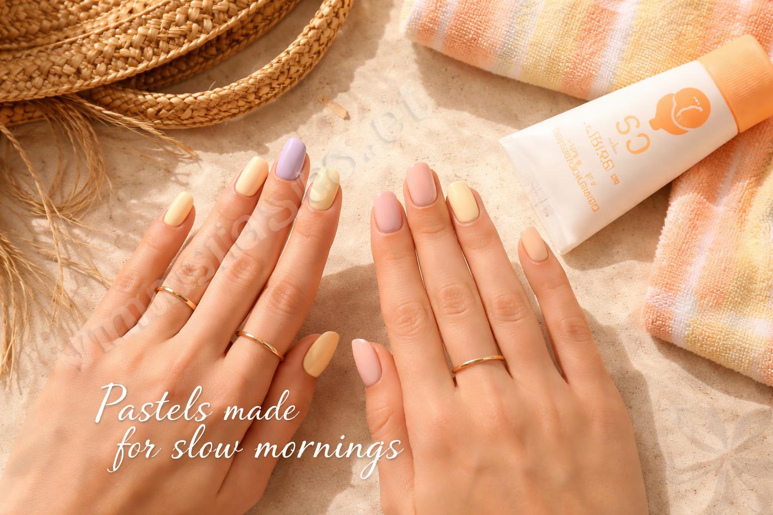 Soft pastel dreamy summer nails mixed manicure flatlay