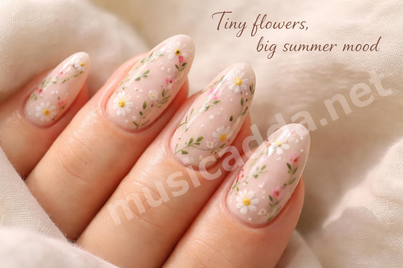 Soft pastel floral nail art closeup
