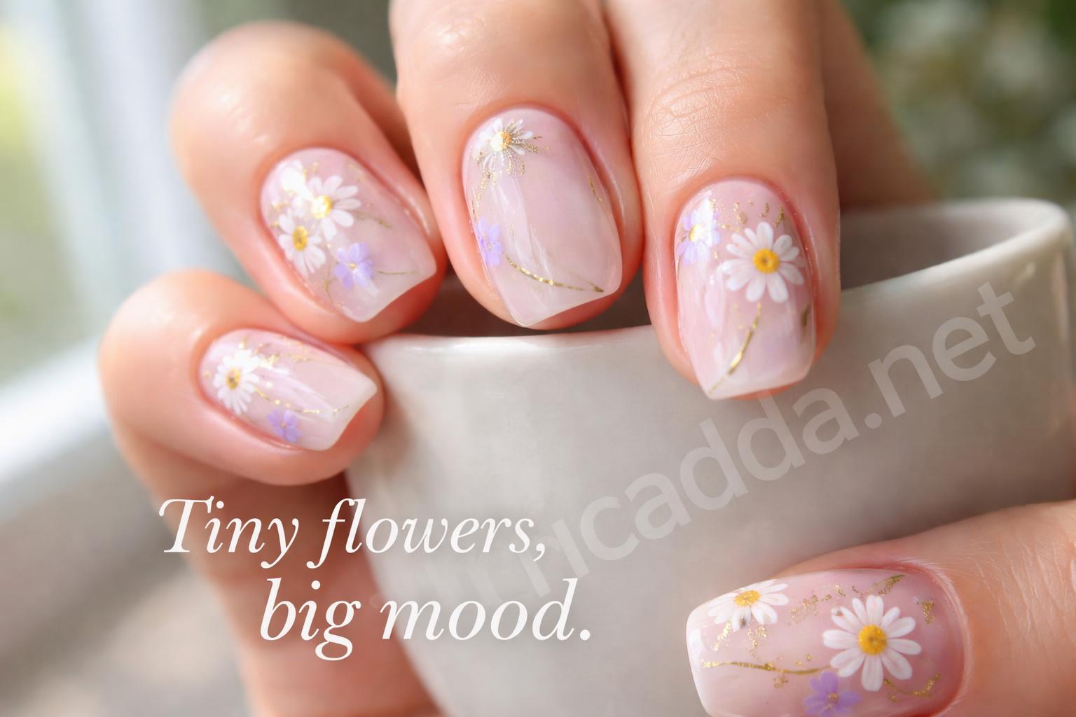 Soft pastel flower nail art closeup