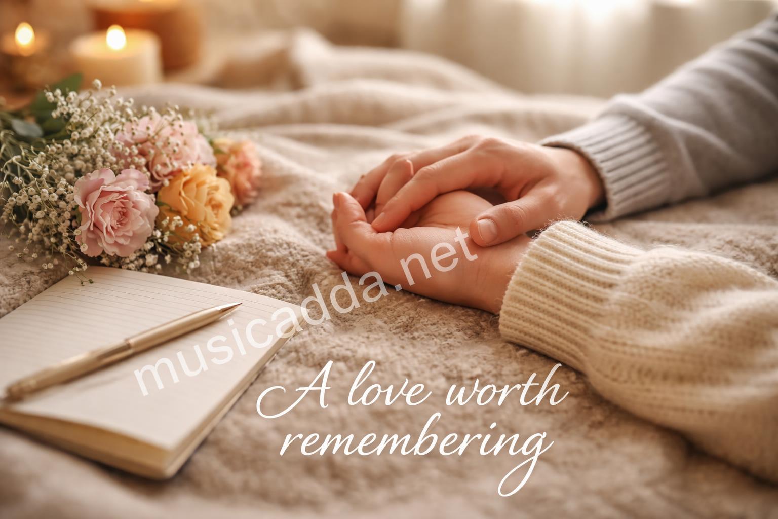 Soft romantic pin layout with couple hands