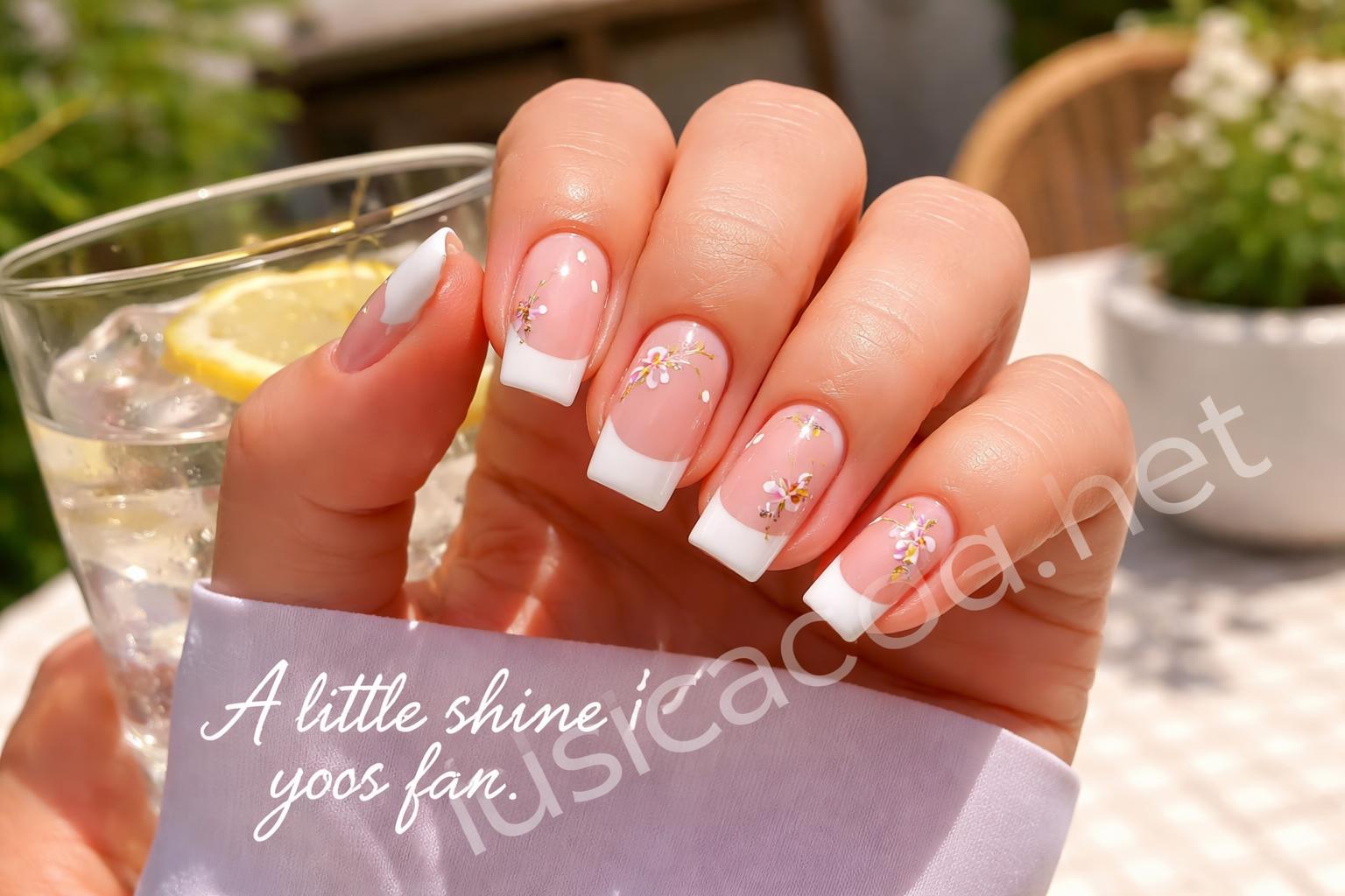 Summer french tip nails with gold leaf and blooms