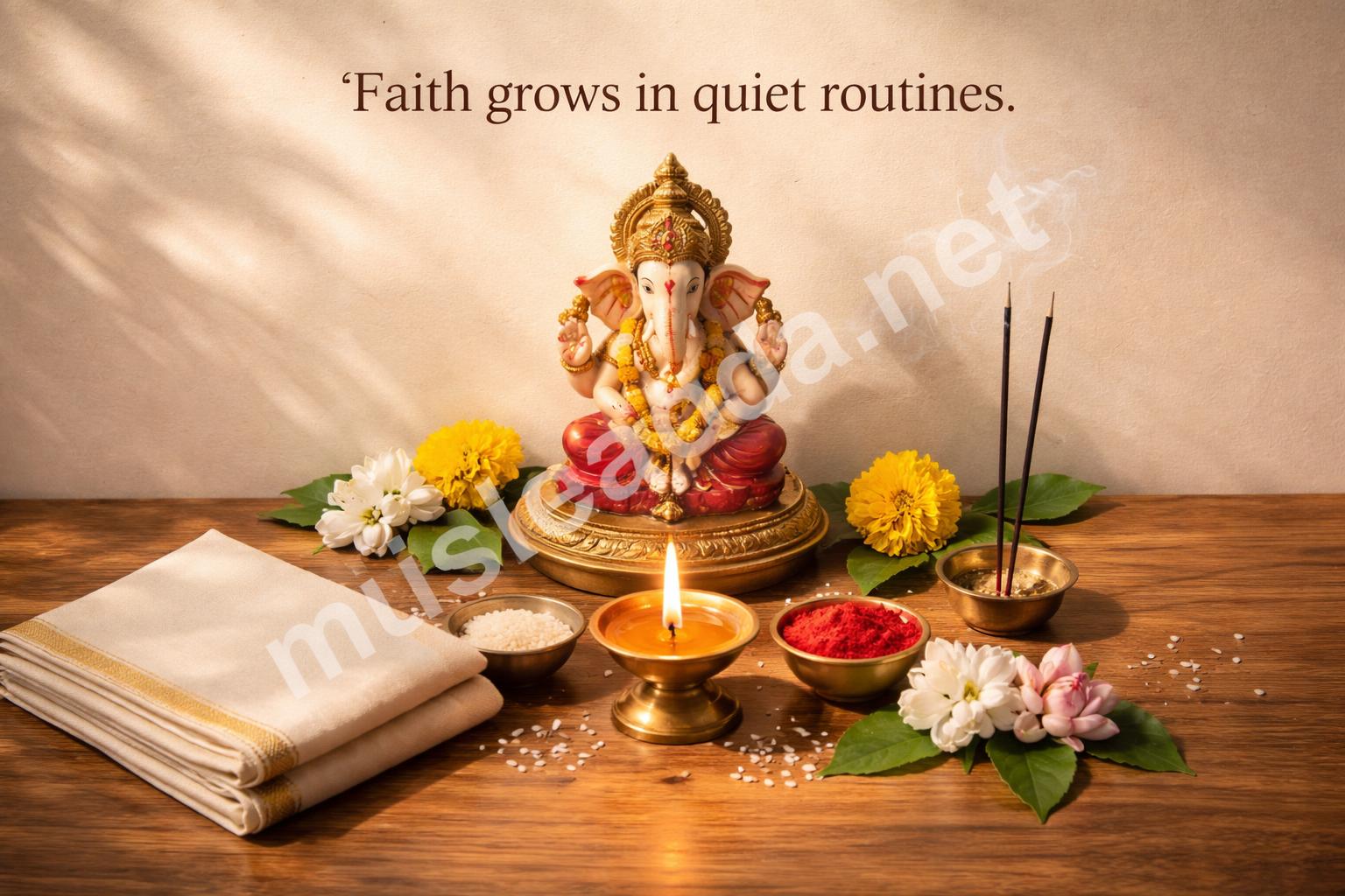 Temple style ganesh puja setup with lamp and flowers