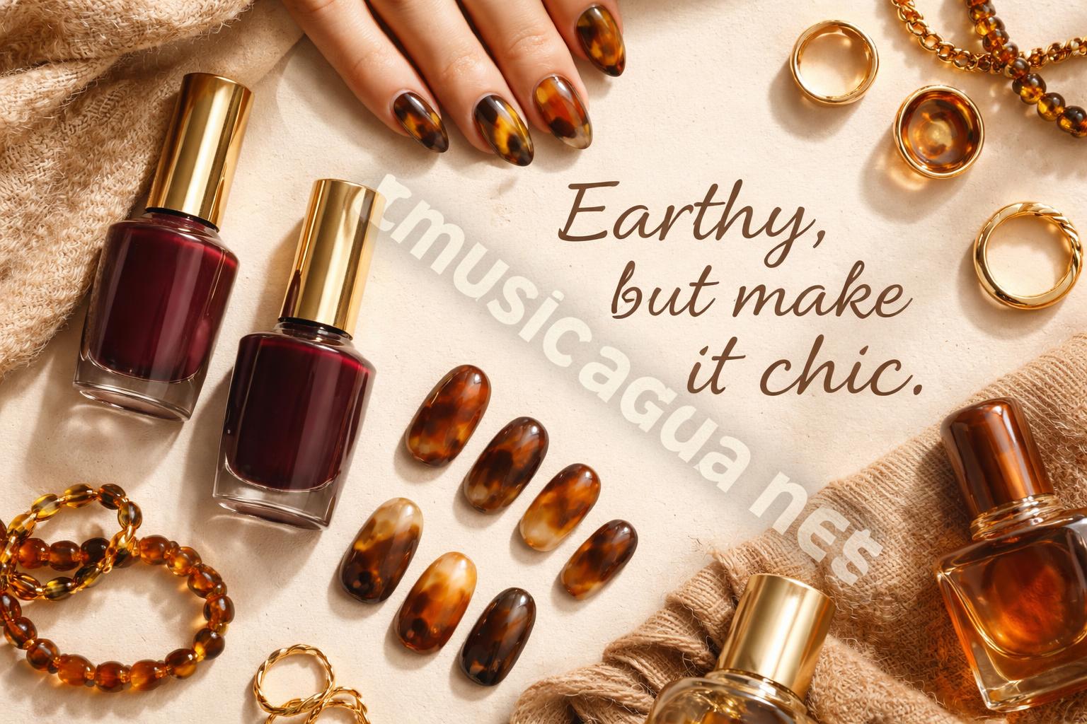 Tortoiseshell and wine inspired manicure flatlay