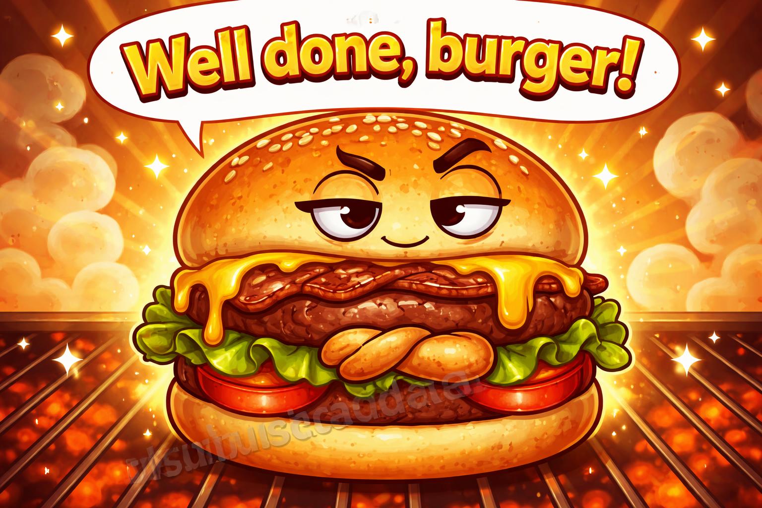 Well done burger pun closeup