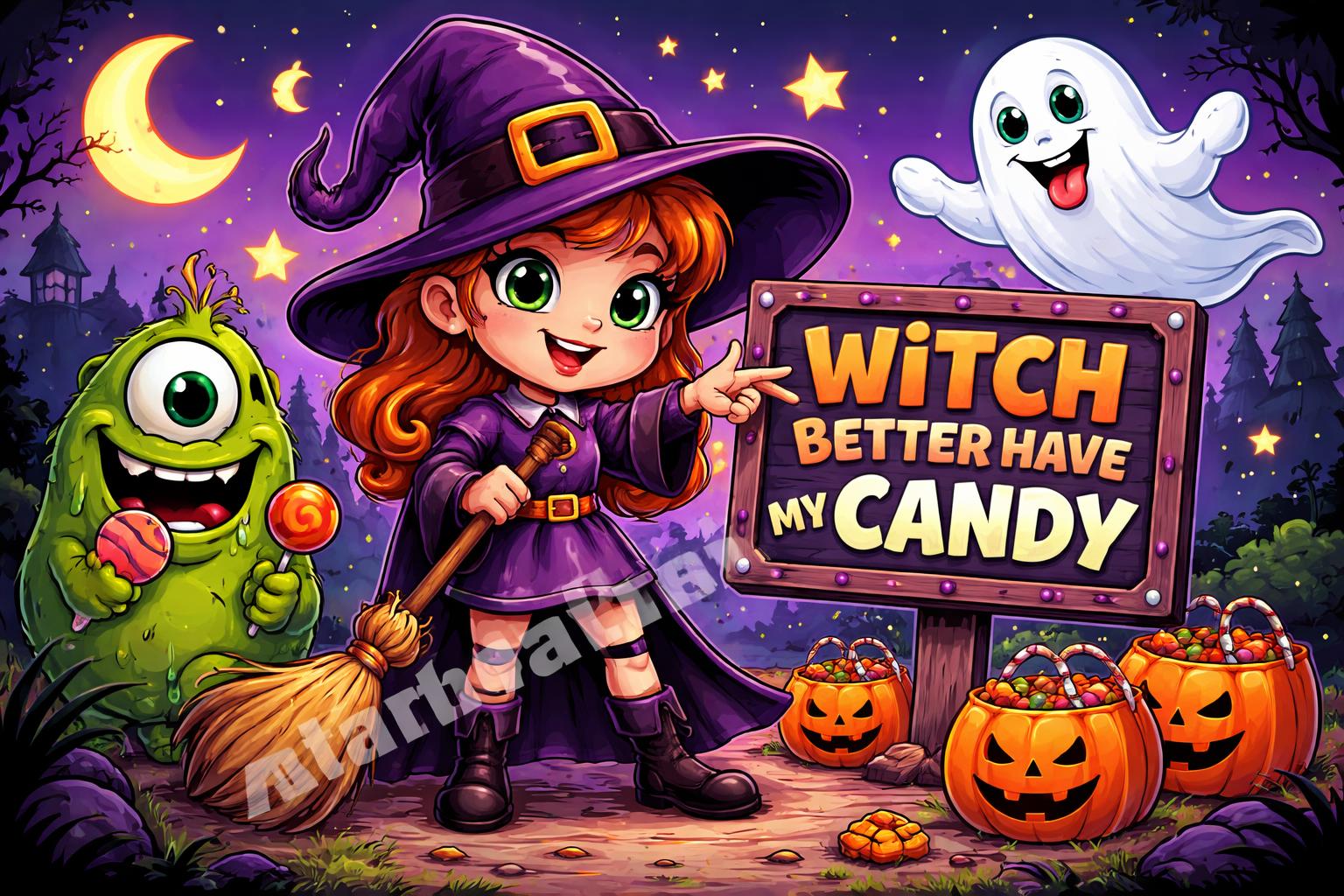 Witch ghost monster halloween puns cartoon