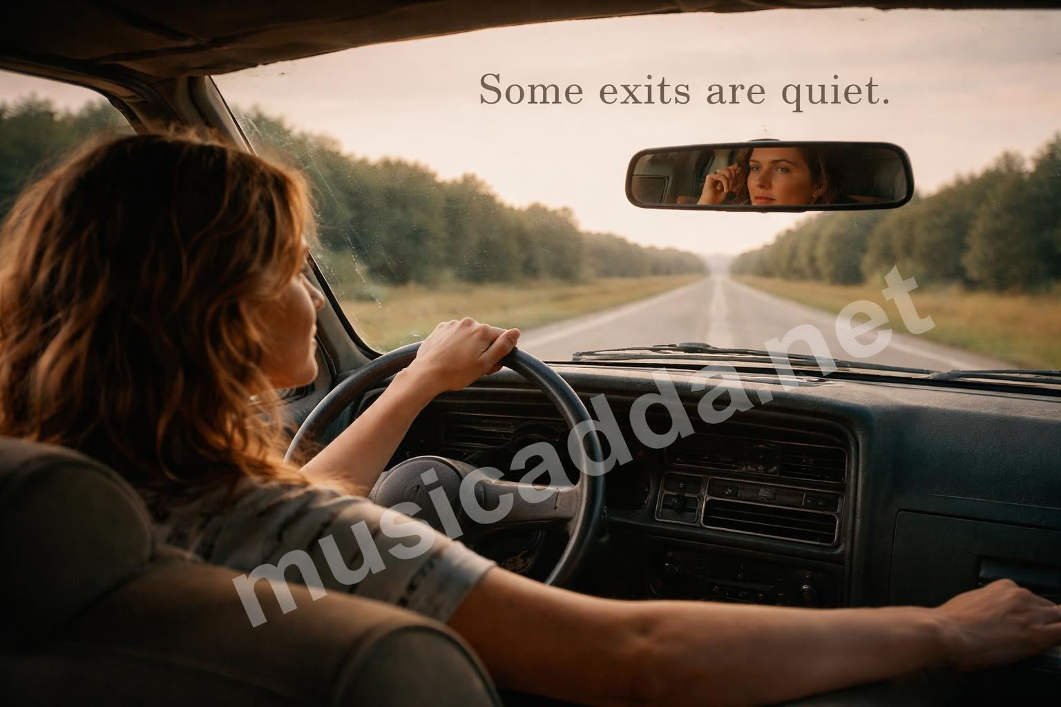 Woman driving away with country melancholy