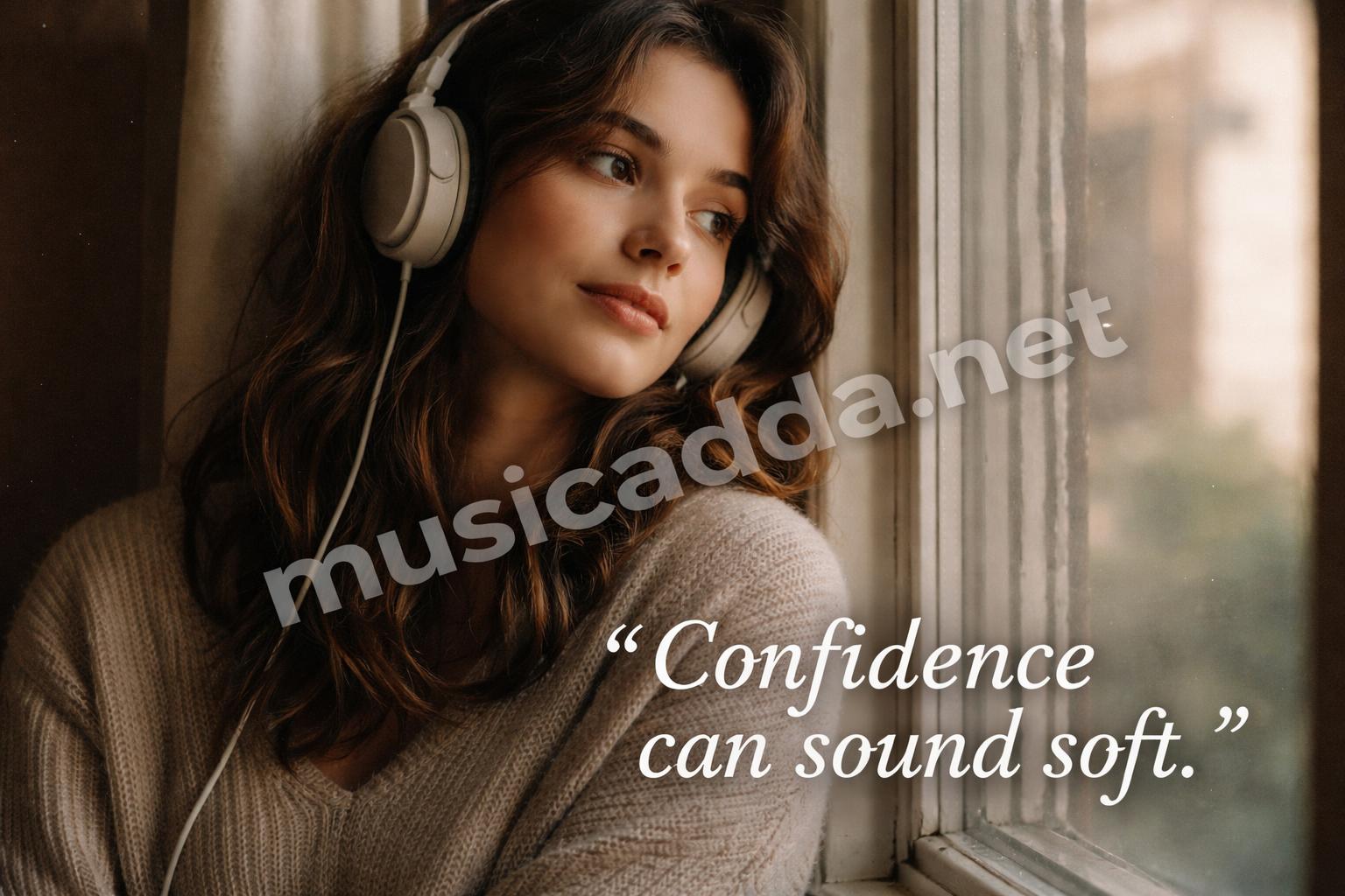 Woman listening to music headphones window light