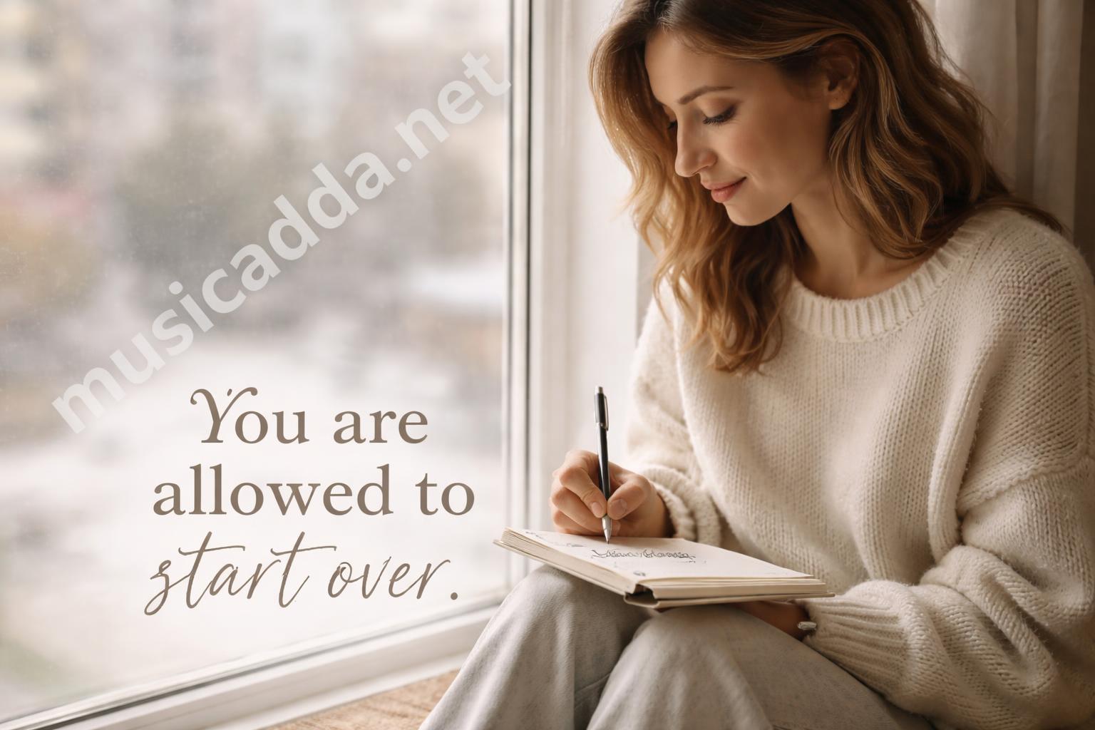 Woman writing new year goals by window