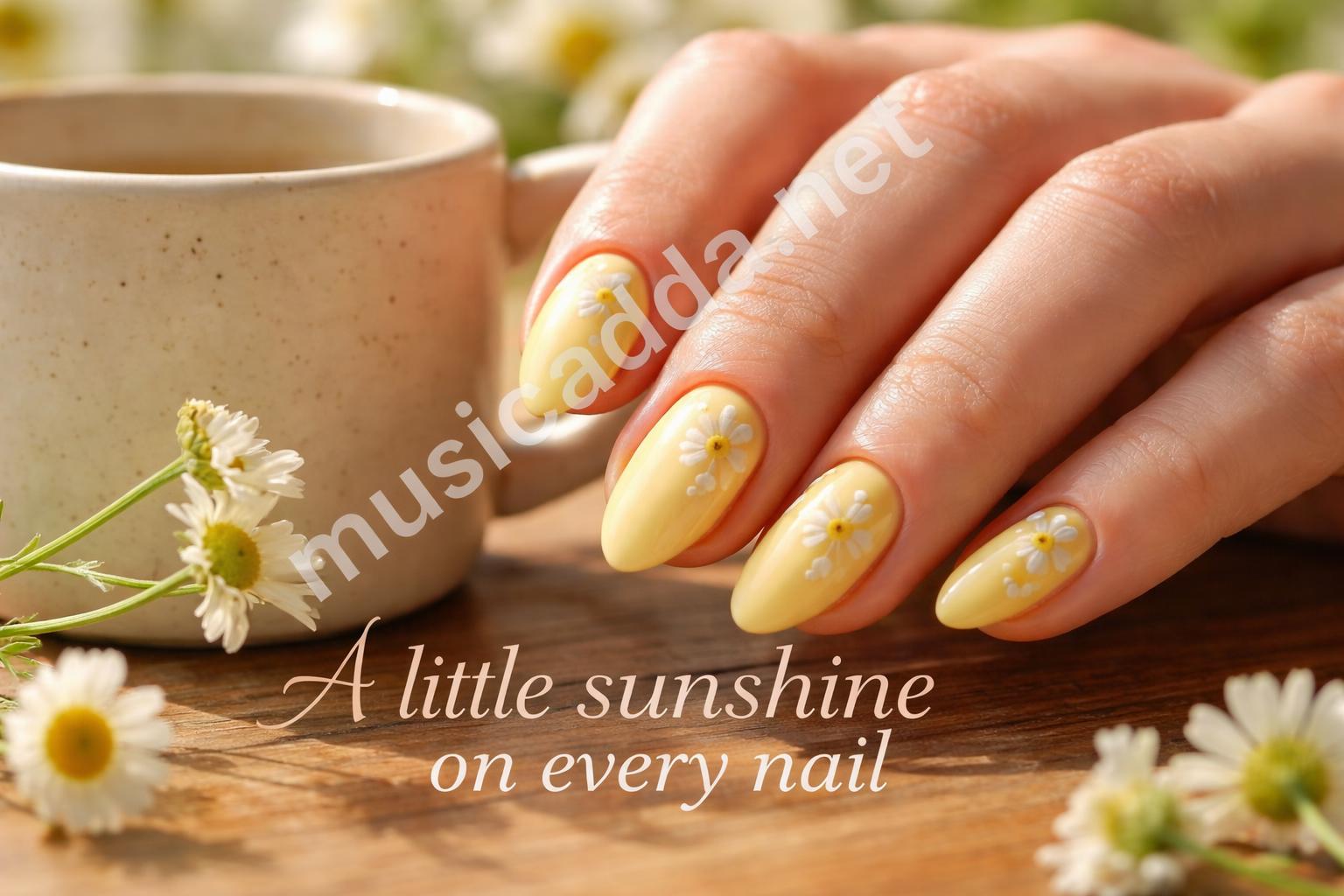 Yellow floral summer nails close up buttercream daisies