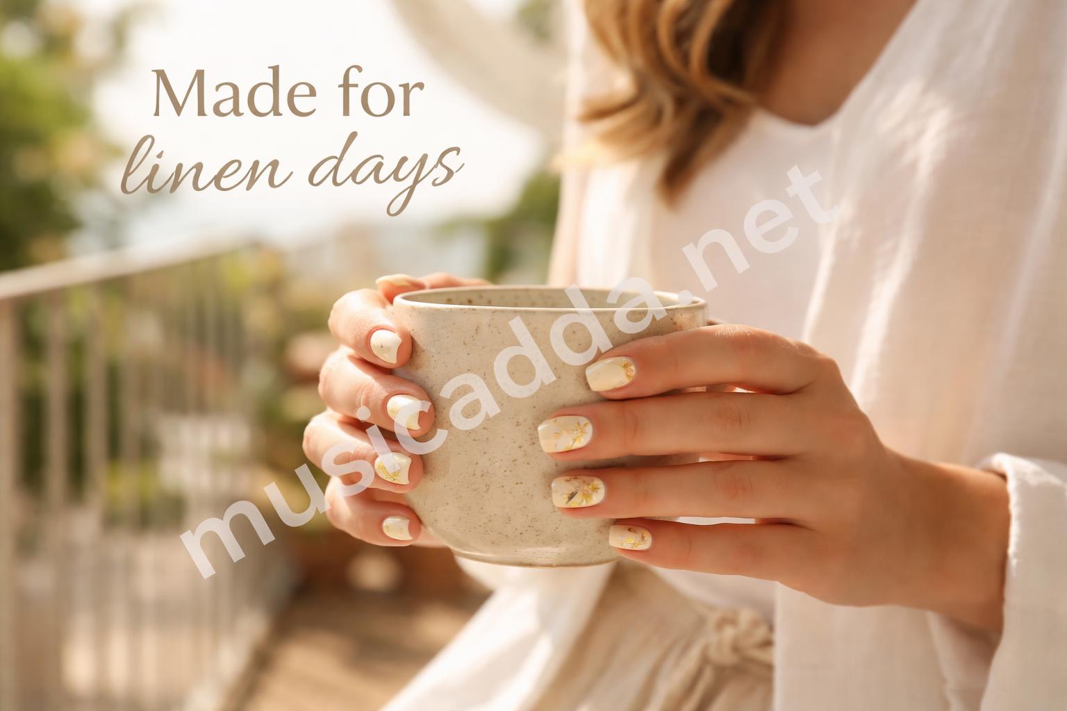 Yellow floral summer outfit nails coffee