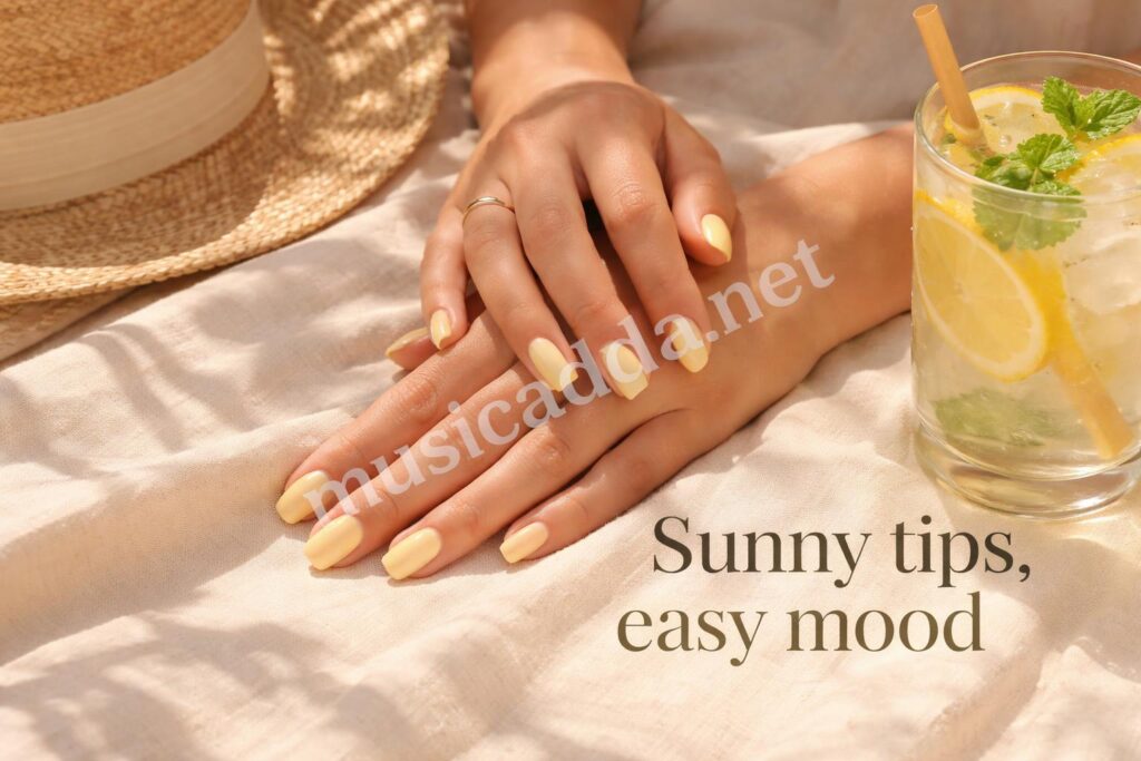 Yellow french tip nails summer hero look