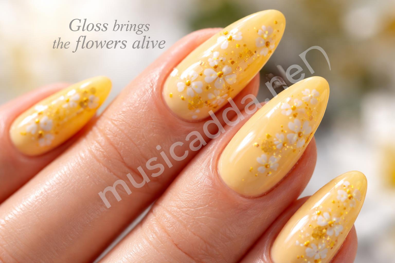 Yellow summer nails closeup glossy finish