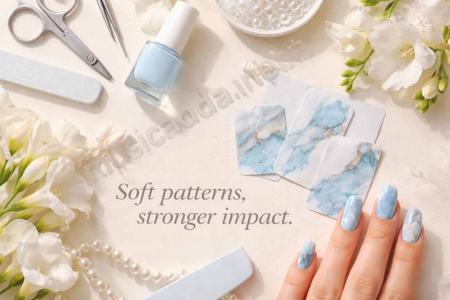Baby blue marble nail designs flatlay