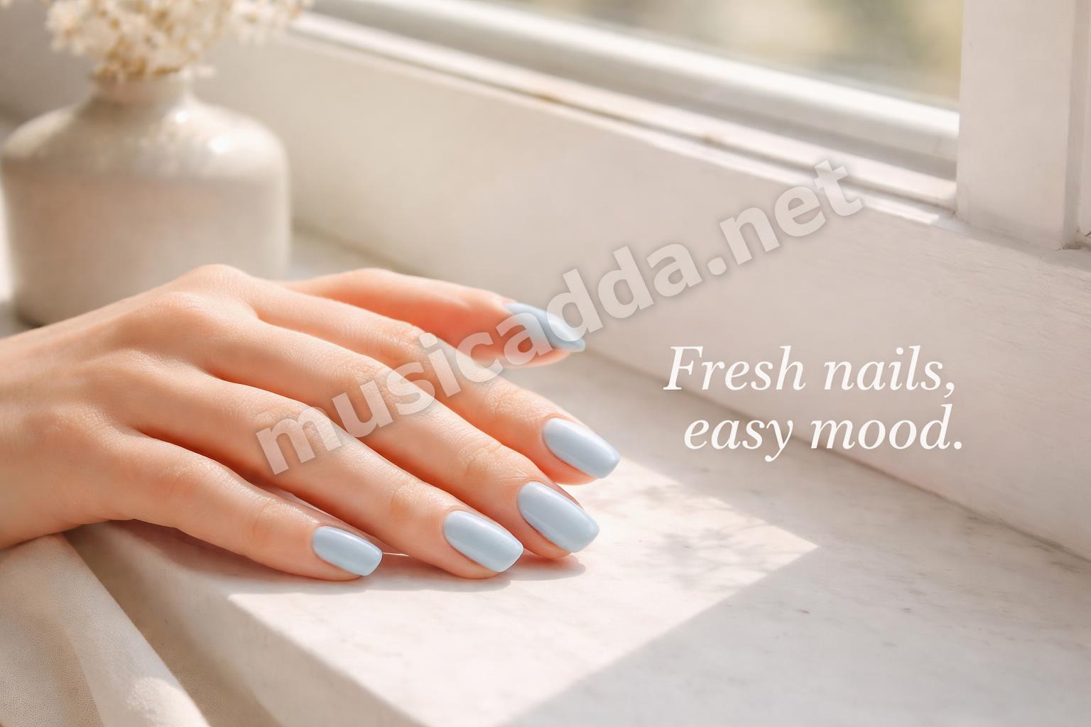 Clean baby blue nails on hand natural light
