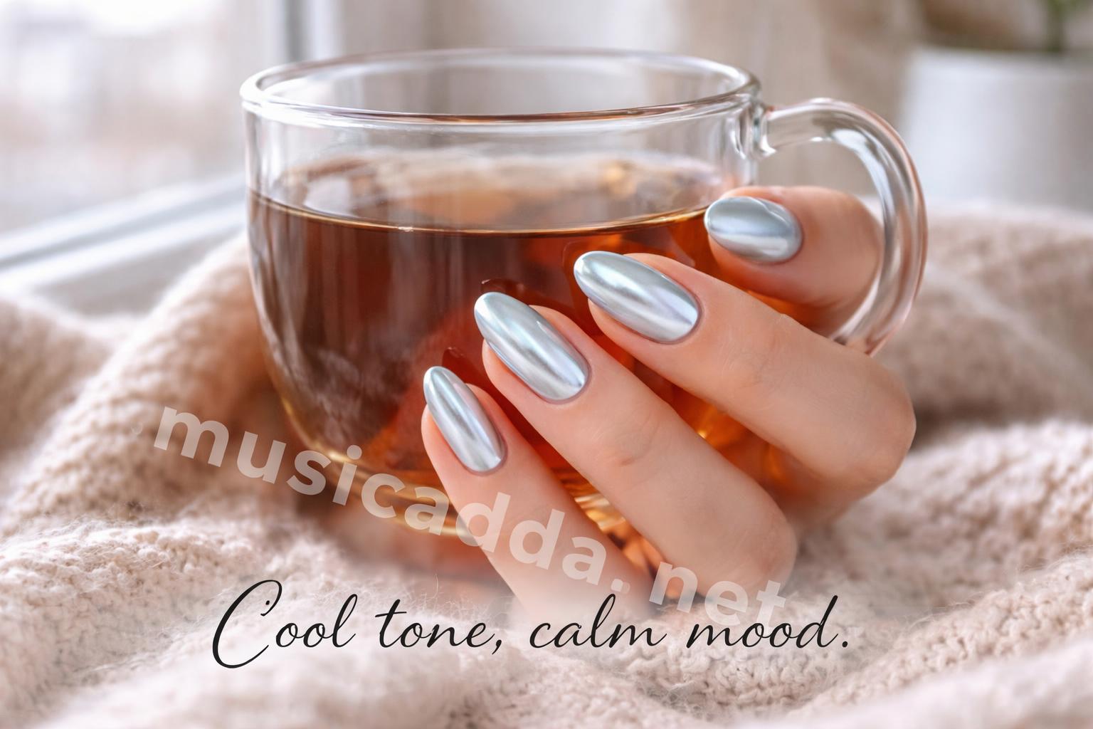 Soft icy blue chrome nail designs
